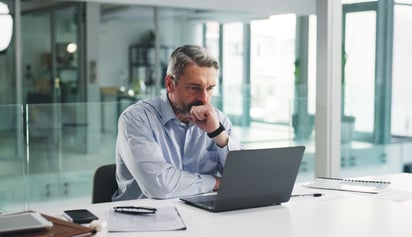 man reading his credit report on his laptop
