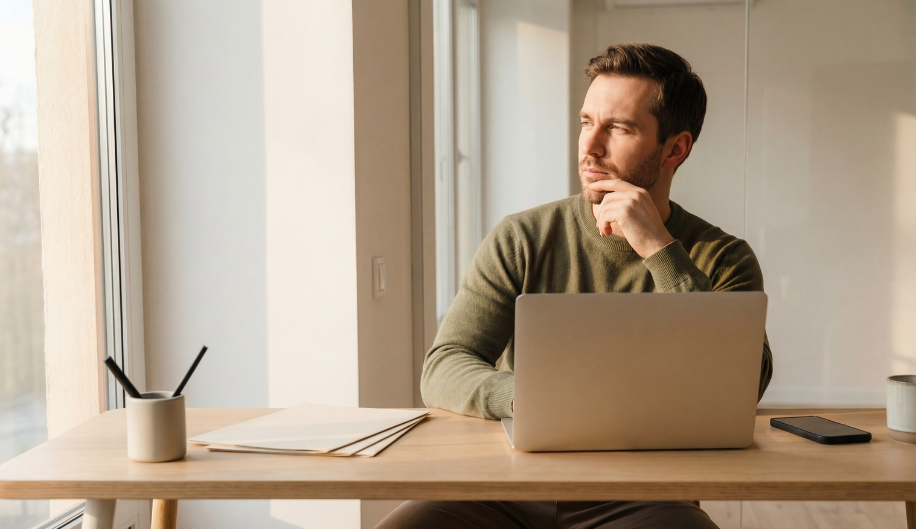 man working on his laptop and thinking while looking outside